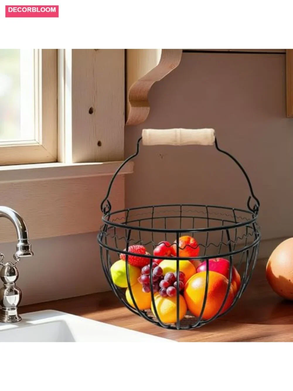 Wire Egg Basket Metal Wood Handle Holds 24 Eggs Farmhouse Kitchen